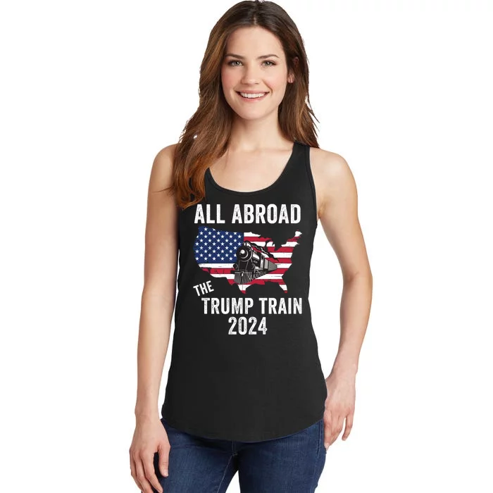 All Aboard The Trump Train 2024 Grudge Us States Us Flag And Train Ladies Essential Tank