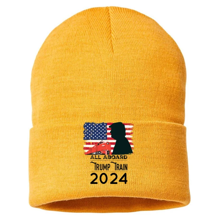 All Aboard Trump Train 2024 Vintage American Flag Apparel Sustainable Knit Beanie