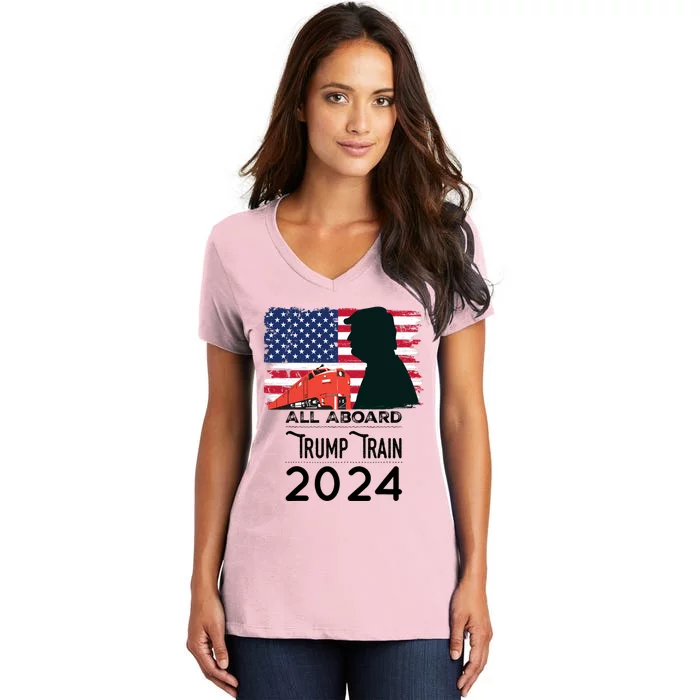 All Aboard Trump Train 2024 Vintage American Flag Apparel Women's V-Neck T-Shirt