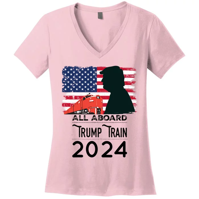 All Aboard Trump Train 2024 Vintage American Flag Apparel Women's V-Neck T-Shirt