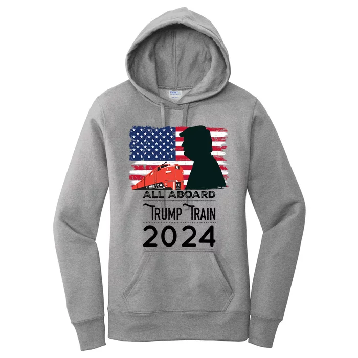 All Aboard Trump Train 2024 Vintage American Flag Apparel Women's Pullover Hoodie