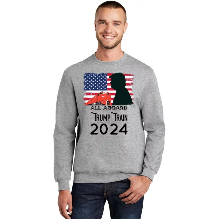 All Aboard Trump Train 2024 Vintage American Flag Apparel Tall Sweatshirt