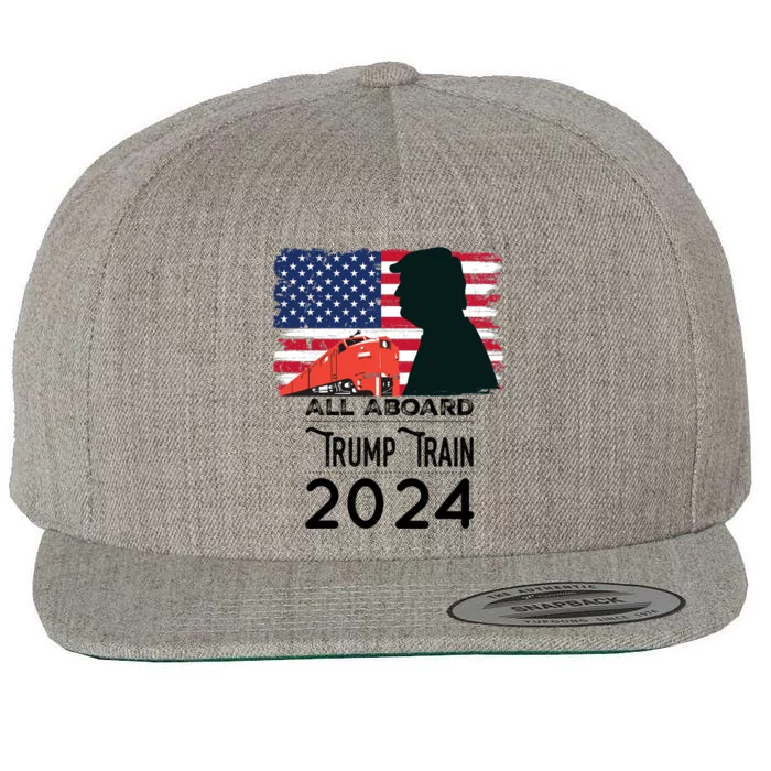 All Aboard Trump Train 2024 Vintage American Flag Apparel Wool Snapback Cap