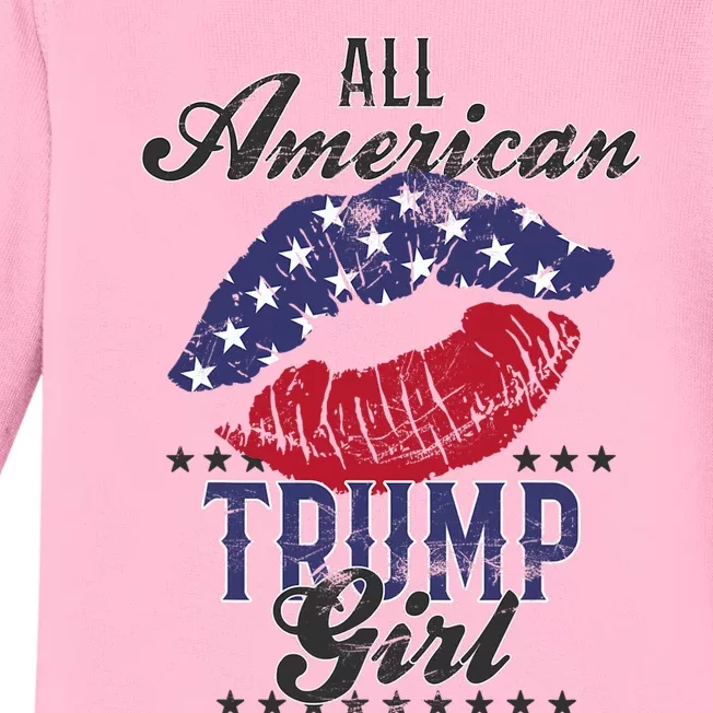 All American Trump Girl Usa Flag Lips Gop Vote 2024 Baby Long Sleeve Bodysuit