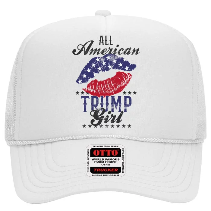 All American Trump Girl Usa Flag Lips Gop Vote 2024 High Crown Mesh Trucker Hat