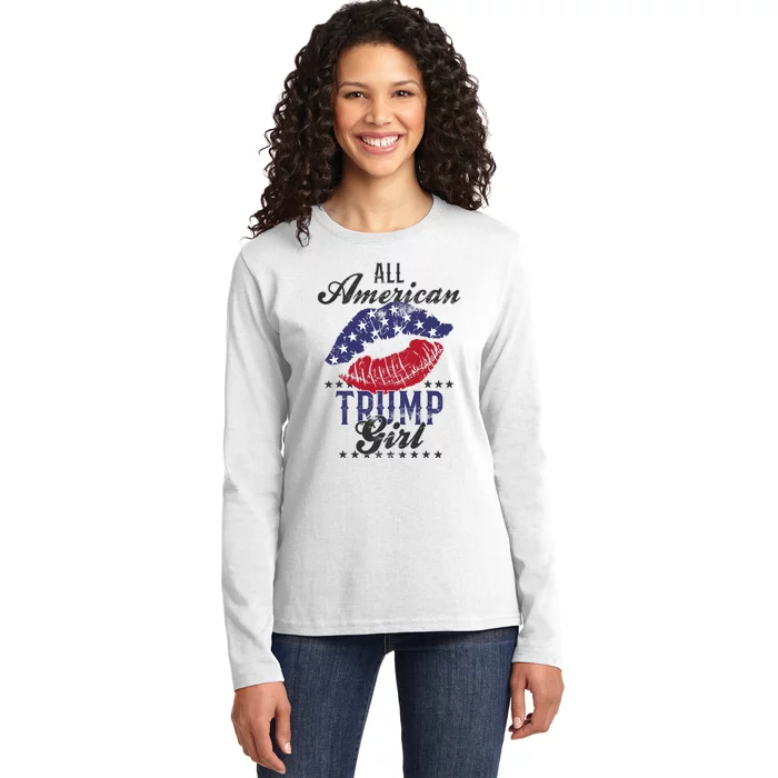 All American Trump Girl Usa Flag Lips Gop Vote 2024 Ladies Long Sleeve Shirt