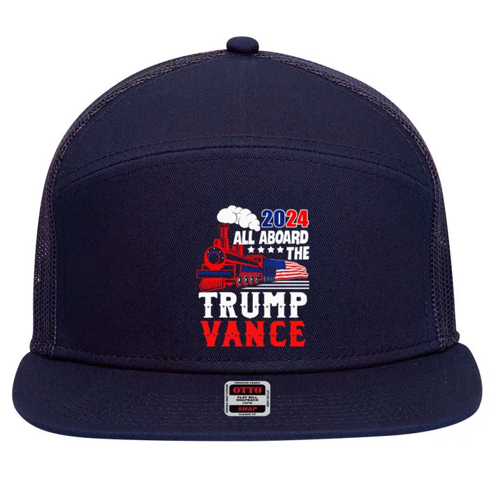 All Aboard The Trump Train 2024 Usa Flag Trump Vance 2024 7 Panel Mesh Trucker Snapback Hat