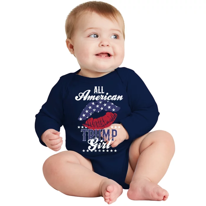 All American Trump Usa Flag Lips Gop Vote 2024 Cool Gift Baby Long Sleeve Bodysuit