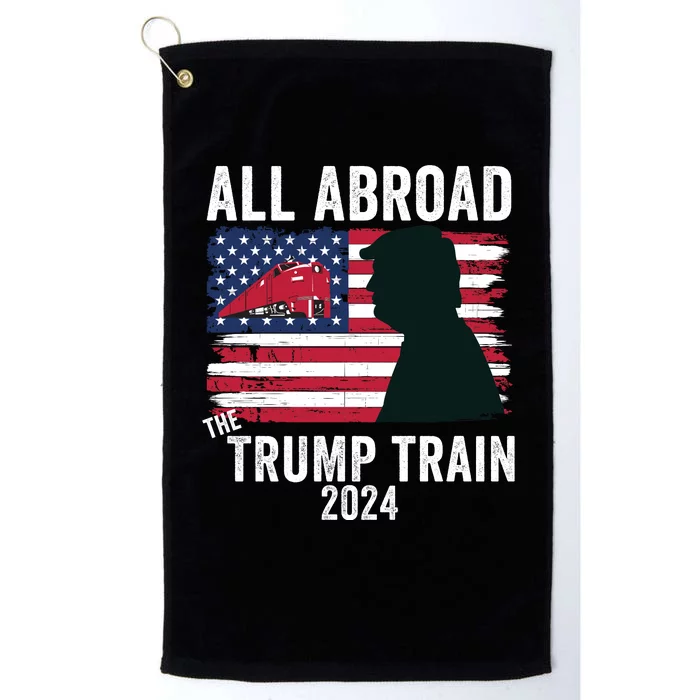 All Aboard The Trump Train 2024 With Grudge Usa Flag & Red Train Platinum Collection Golf Towel