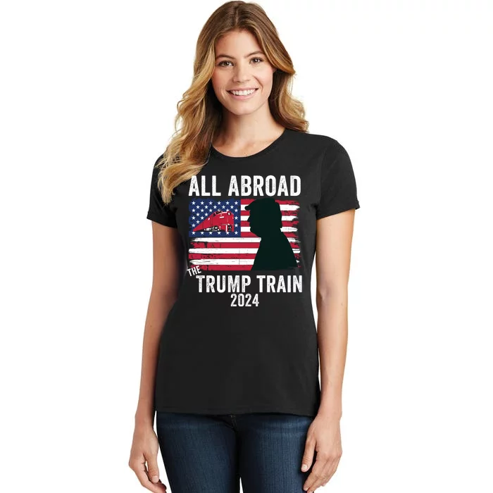 All Aboard The Trump Train 2024 With Grudge Usa Flag & Red Train Women's T-Shirt