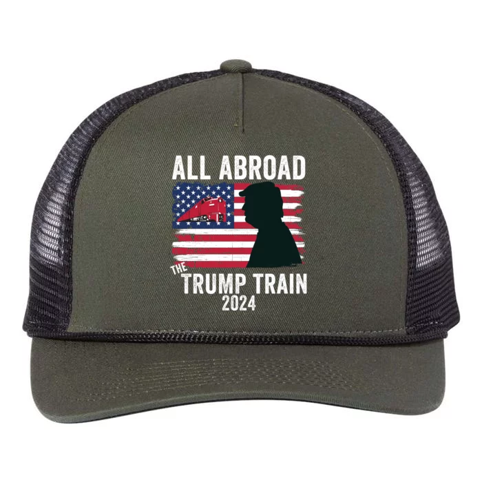 All Aboard The Trump Train 2024 With Grudge Usa Flag & Red Train Retro Rope Trucker Hat Cap