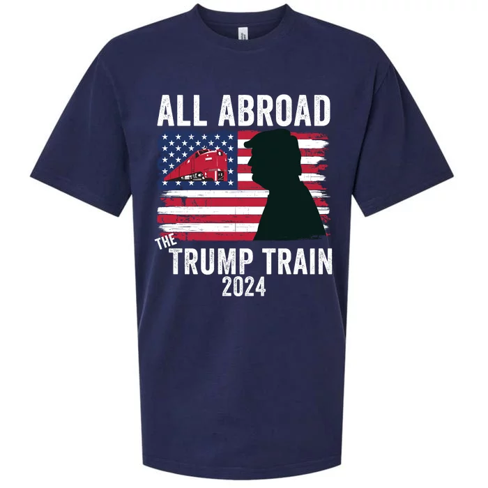 All Aboard The Trump Train 2024 With Grudge Usa Flag & Red Train Sueded Cloud Jersey T-Shirt