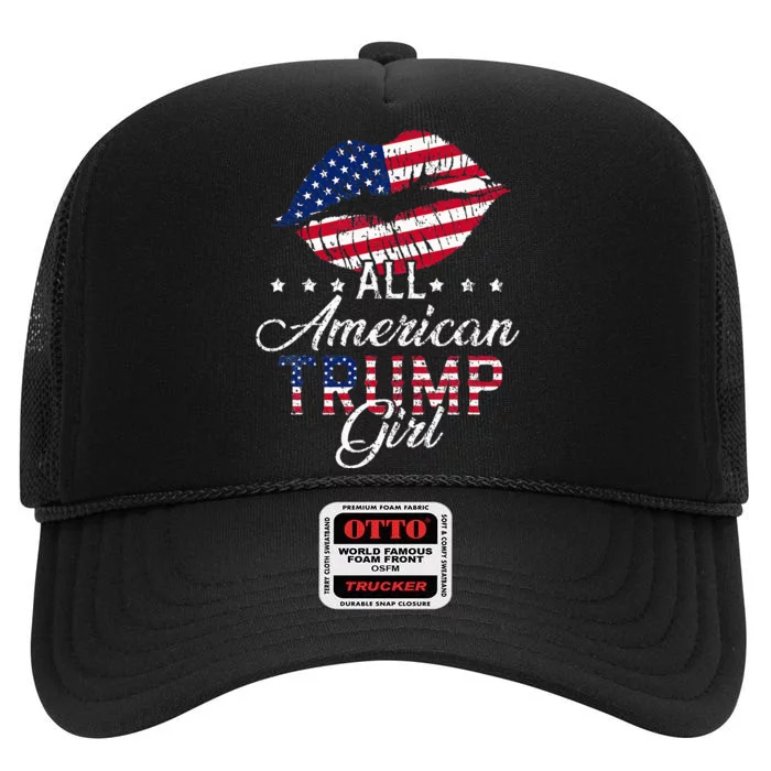 all american trump usa flag lips gop vote 2024 High Crown Mesh Trucker Hat