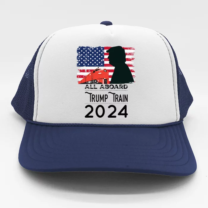 All Aboard Trump Train 2024 Vintage American Flag Apparel Trucker Hat