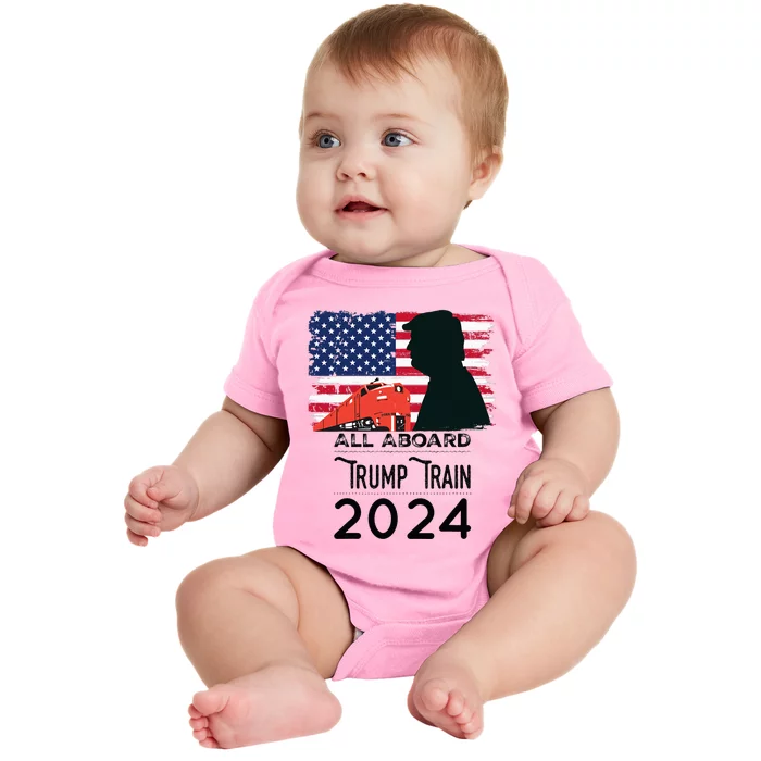 All Aboard Trump Train 2024 Vintage American Flag Apparel Baby Bodysuit