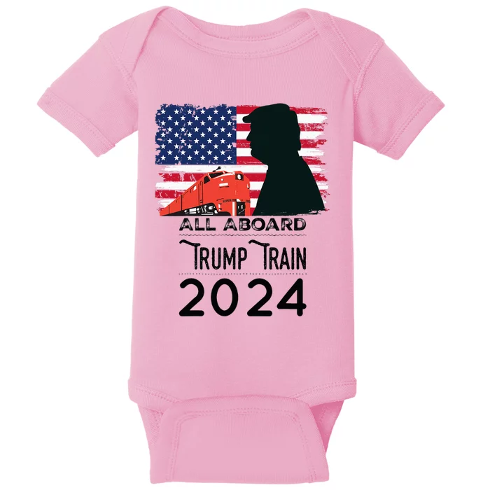 All Aboard Trump Train 2024 Vintage American Flag Apparel Baby Bodysuit