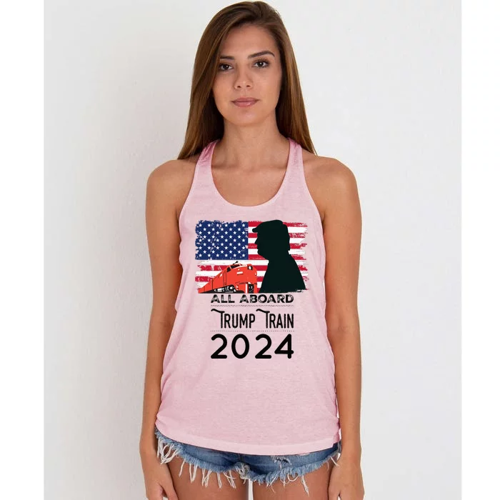 All Aboard Trump Train 2024 Vintage American Flag Apparel Women's Knotted Racerback Tank