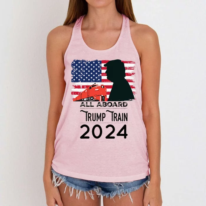 All Aboard Trump Train 2024 Vintage American Flag Apparel Women's Knotted Racerback Tank