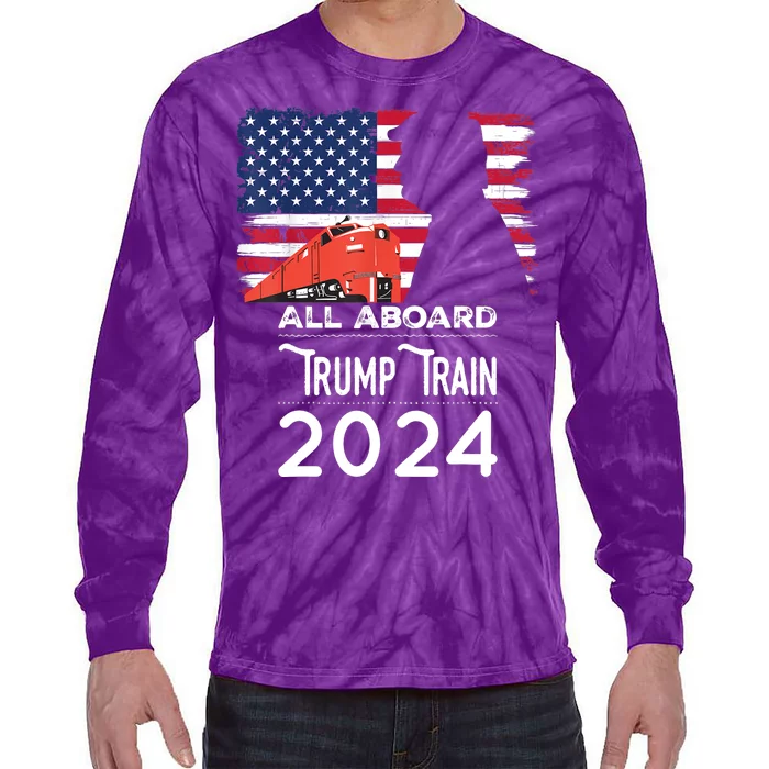 All Aboard Trump Train 2024 Vintage American Flag Apparel Tie-Dye Long Sleeve Shirt