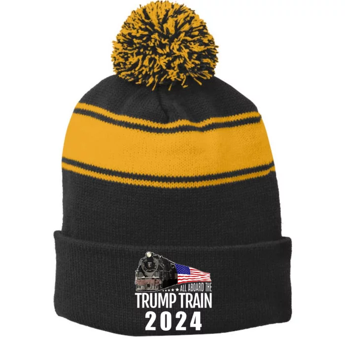 All Aboard The Trump Train 2024 American Flag Stripe Pom Pom Beanie