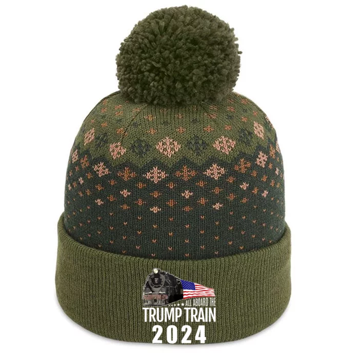 All Aboard The Trump Train 2024 American Flag The Baniff Cuffed Pom Beanie