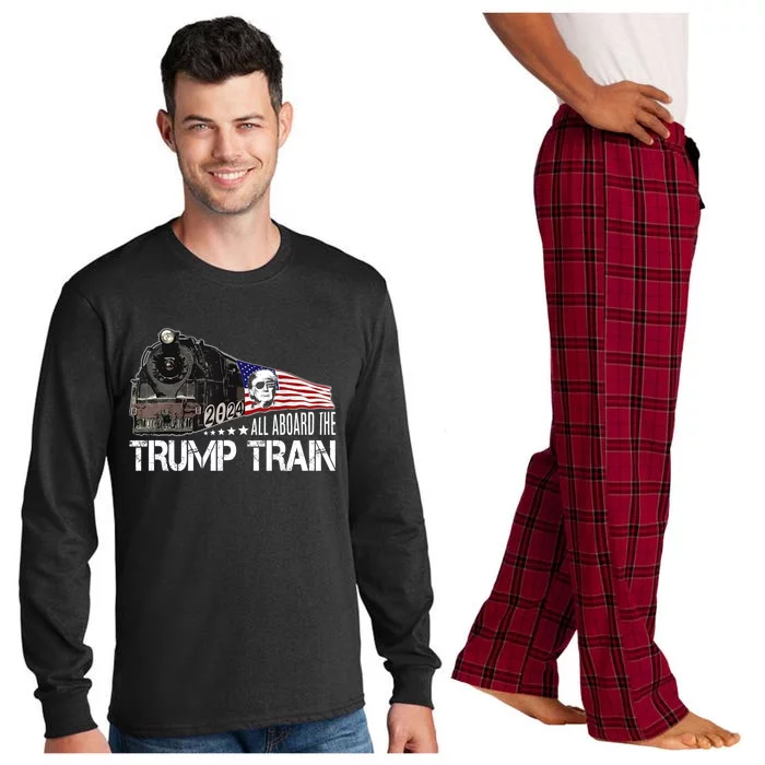 All Aboard The Trump Train American Flag Trump 2024 Election Great Gift Long Sleeve Pajama Set