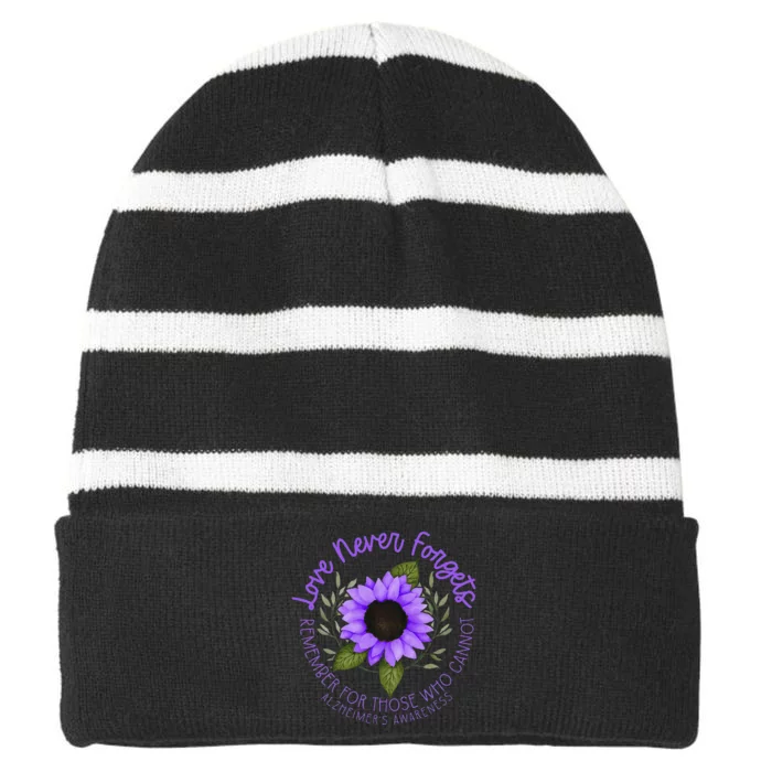 Alzheimer Awareness Tee For Men And Women Purple Sunflower Striped Beanie with Solid Band