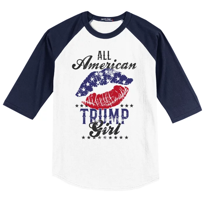 All American Trump Girl Usa Flag Lips Gop Vote 2024 Baseball Sleeve Shirt