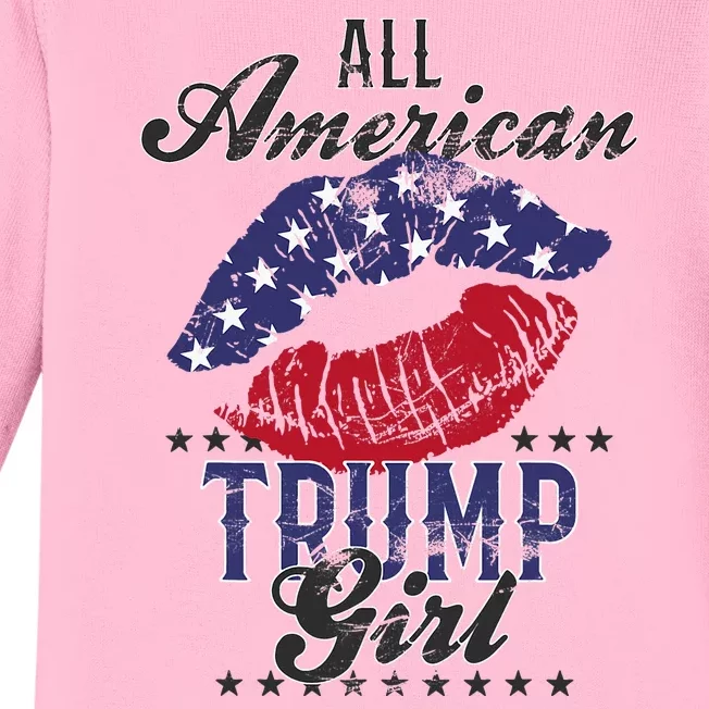 All American Trump Girl Usa Flag Lips Gop Vote 2024 Baby Long Sleeve Bodysuit