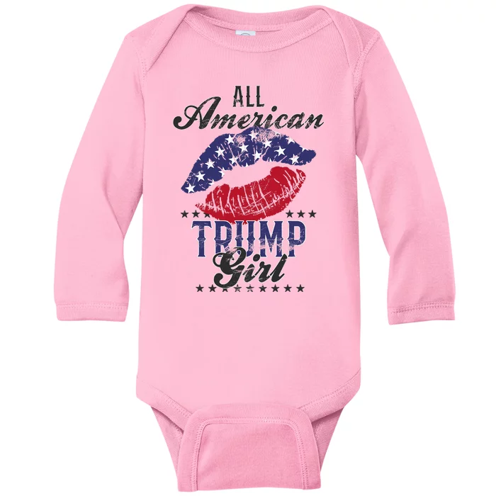 All American Trump Girl Usa Flag Lips Gop Vote 2024 Baby Long Sleeve Bodysuit