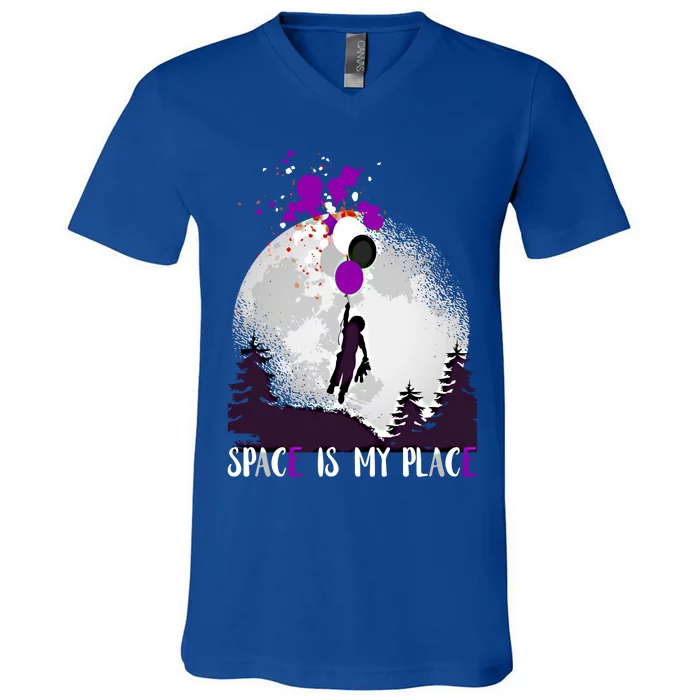 Asexual And Teddy Floating Space Is My Place Asexuality Gift V-Neck T-Shirt