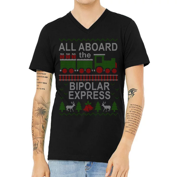 All Aboard The Bipolar Express Ugly Christmas V-Neck T-Shirt