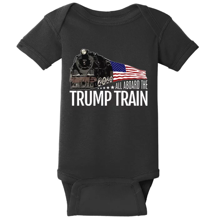 All Aboard The Trump Train 2020 American Flag Reelect 45 Baby Bodysuit