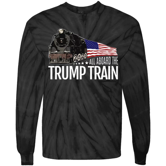 All Aboard The Trump Train 2020 American Flag Reelect 45 Tie-Dye Long Sleeve Shirt