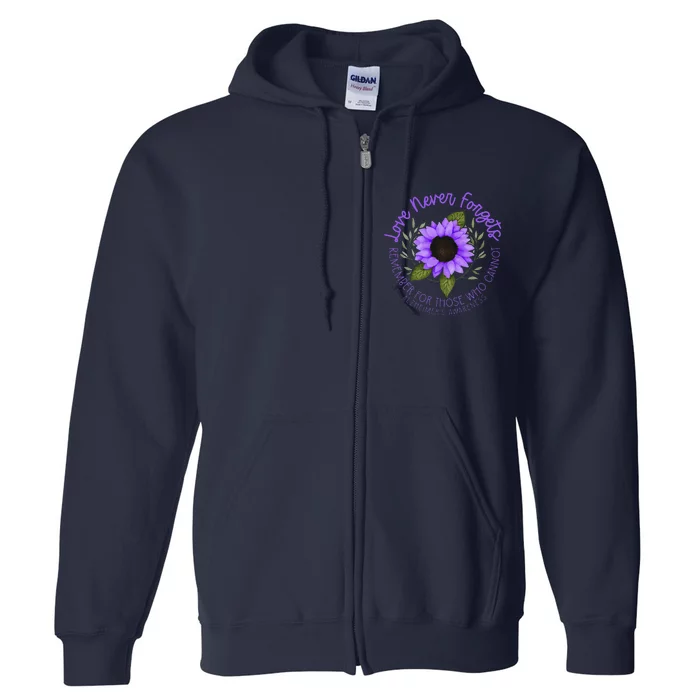 Alzheimer Awareness Tee For Men And Women Purple Sunflower Full Zip Hoodie