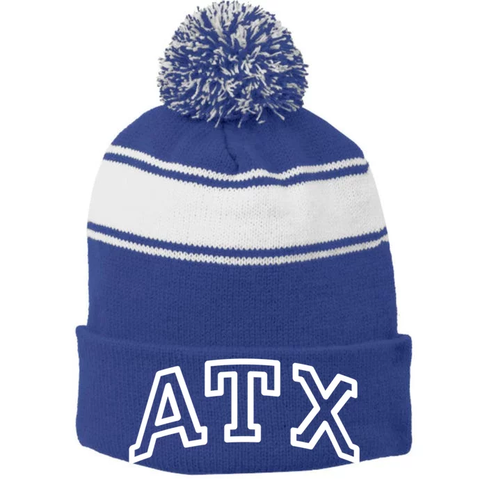 Atx Austin Tx Athletic Design In White Gift Stripe Pom Pom Beanie