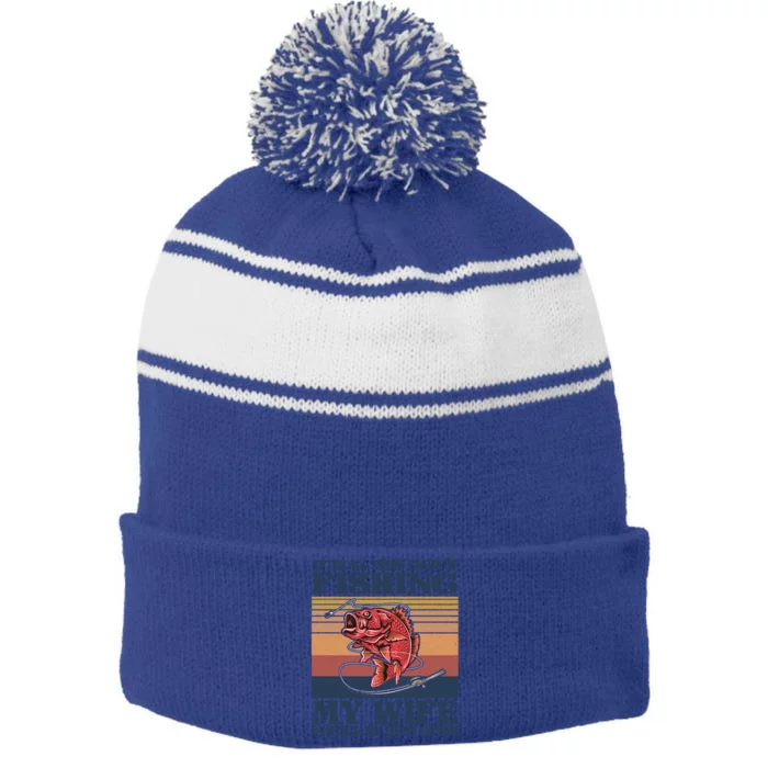 After All These Years Of Fishing My Wife Is Still Best Catch Funny Gift Stripe Pom Pom Beanie