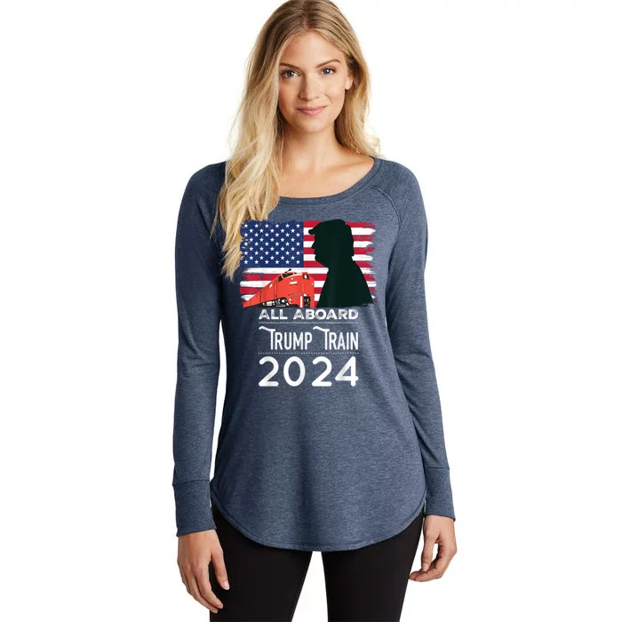 All Aboard Trump Train 2024 Vintage American Flag Women's Perfect Tri Tunic Long Sleeve Shirt