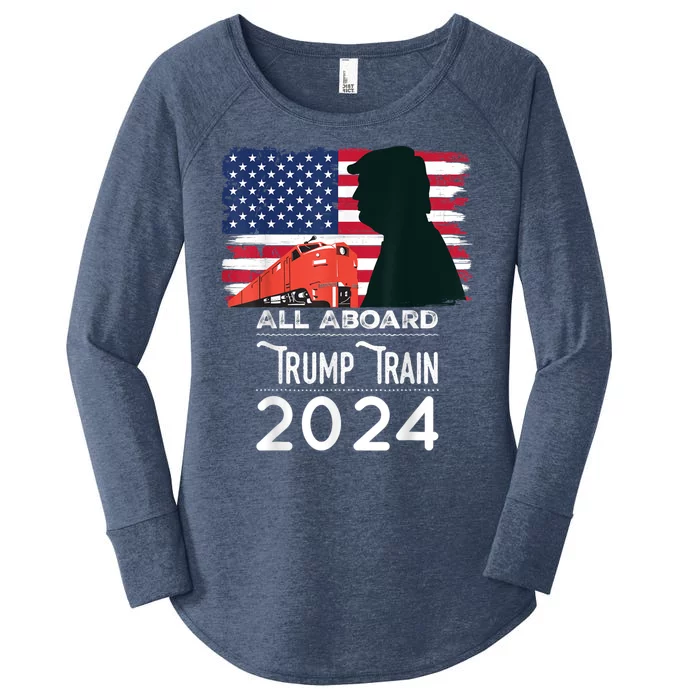 All Aboard Trump Train 2024 Vintage American Flag Women's Perfect Tri Tunic Long Sleeve Shirt