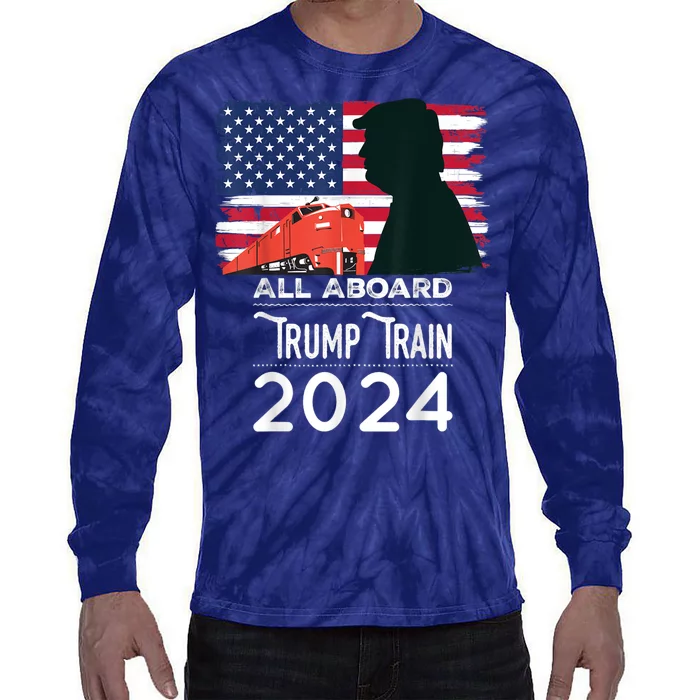 All Aboard Trump Train 2024 Vintage American Flag Tie-Dye Long Sleeve Shirt