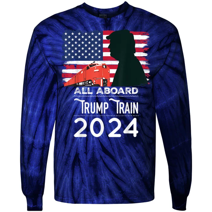 All Aboard Trump Train 2024 Vintage American Flag Tie-Dye Long Sleeve Shirt