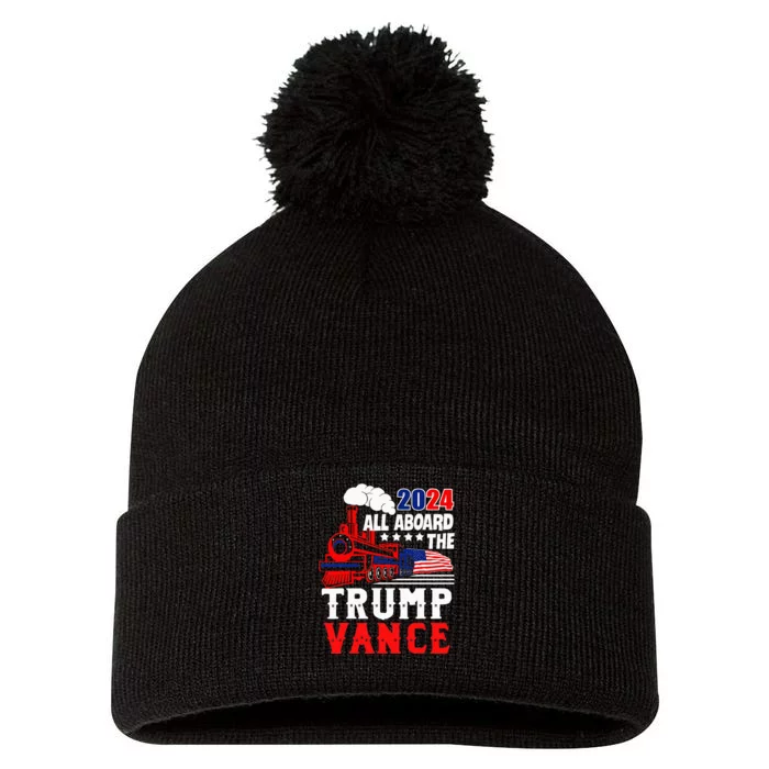 All Aboard The Trump Train 2024 Usa Flag Trump Vance 2024 Pom Pom 12in Knit Beanie