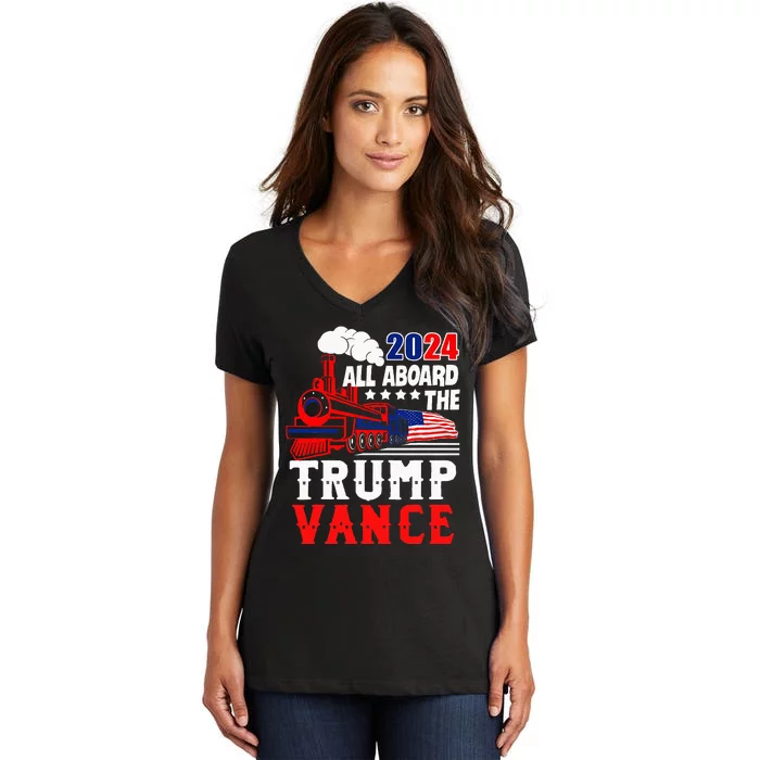 All Aboard The Trump Train 2024 Usa Flag Trump Vance 2024 Women's V-Neck T-Shirt