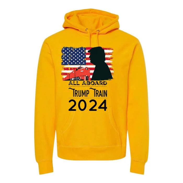 All Aboard Trump Train 2024 Vintage American Flag Apparel Premium Hoodie