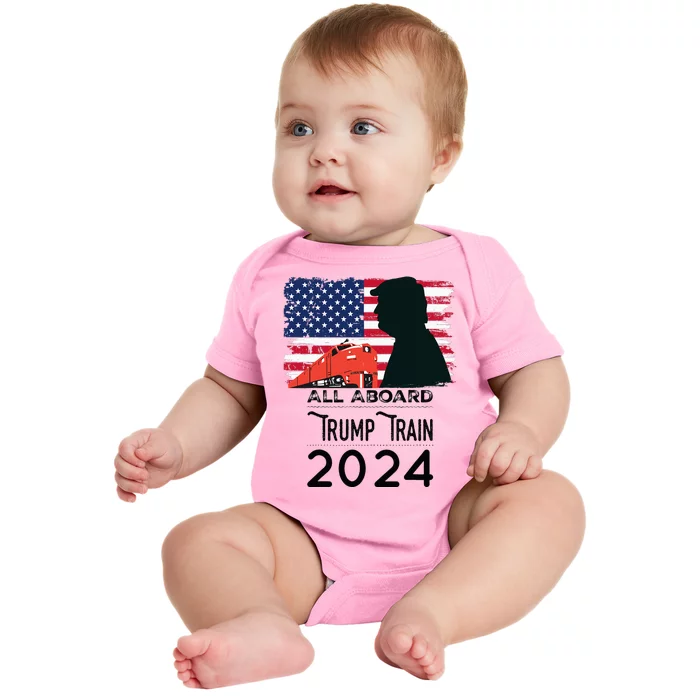 All Aboard Trump Train 2024 Vintage American Flag Apparel Baby Bodysuit