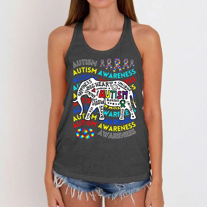 Autism Awareness Teacher Autism Moms and Dads Elephant Women's Knotted Racerback Tank