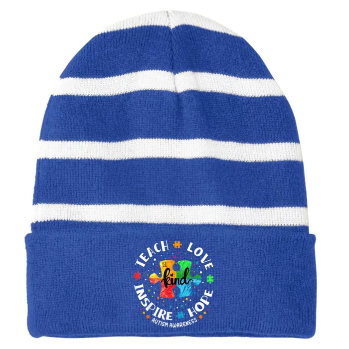 Autism Awareness Teacher Shirt Teach Hope Love Inspire Striped Beanie with Solid Band