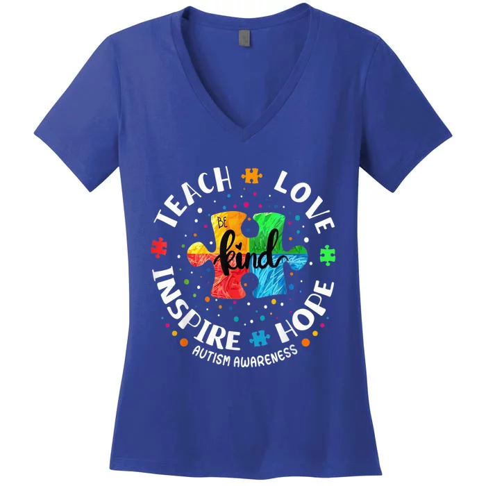 Autism Awareness Teacher Shirt Teach Hope Love Inspire Women's V-Neck T-Shirt