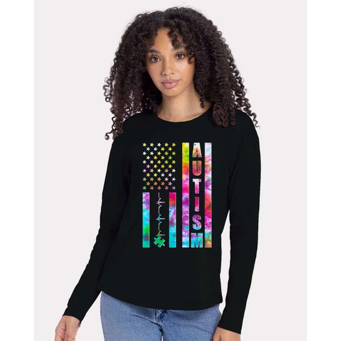 Autism Awareness Tie Dye USA American Flag Womens Cotton Relaxed Long Sleeve T-Shirt