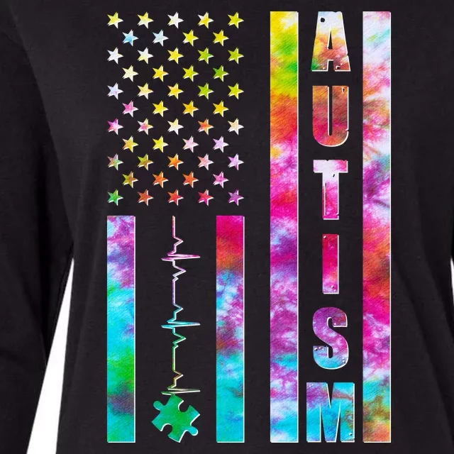 Autism Awareness Tie Dye USA American Flag Womens Cotton Relaxed Long Sleeve T-Shirt